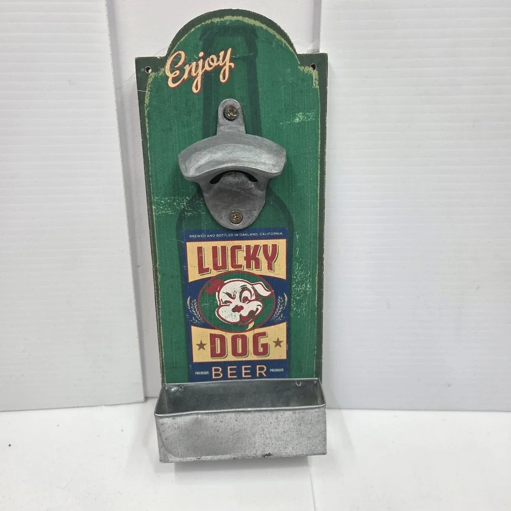 Vtg Lucky Dog Beer Wall Mounted Bottle Opener Cap Catcher Sign Man Cave